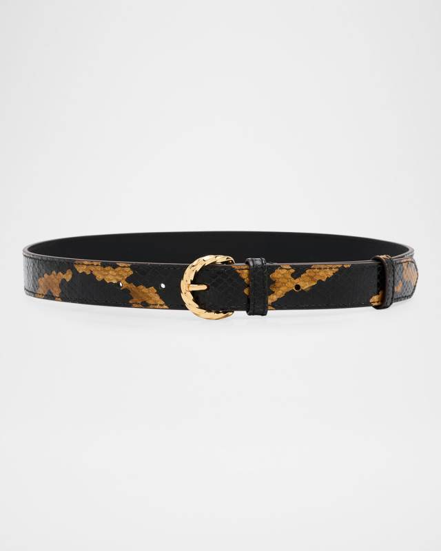 Gia Twisted Buckle Snake-Embossed Leather Belt